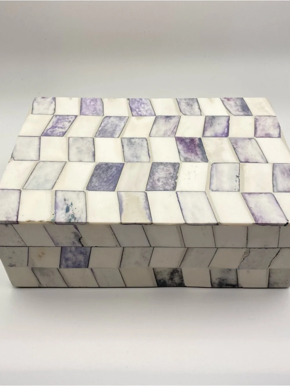 IMAX Corp Bone Inlay Decorative Box Purple Ivory Checkered Mosaic Keepsake Boho